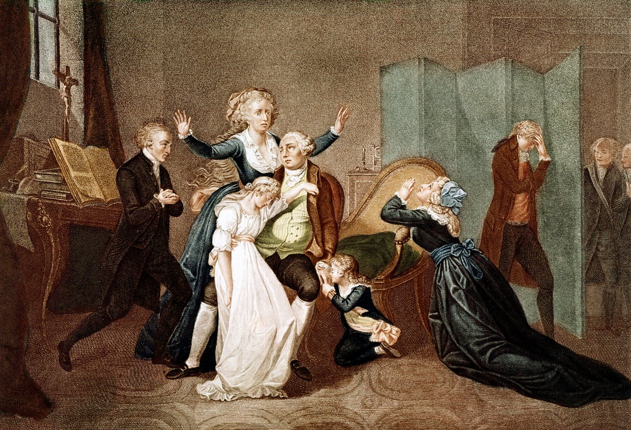 Pożegnanie Ludwika XVI przez rodzinę w świątyni, 20 stycznia 1793 - Ostatni wywiad Ludwika XVI z rodziną (Marią Antoniną i ich dziećmi Marią Teresą lub Madame Royale (1778-1851) i Ludwikiem XVII (1785-1795), przeddzień jego egzekucji w T autorstwa French School