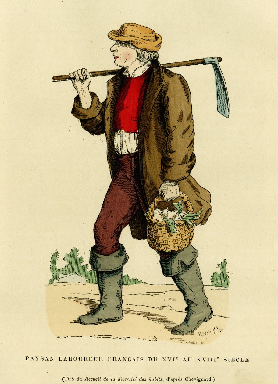 Garnitur chłopski od XVII do XVIII wieku. Grawerowanie barwne według rysunku Chevignarda, w „Francja et les francais a travers les century” Augustina Challamela, redaktora F.Roya, Paryż 1882. Kolekcja Selva. autorstwa French School