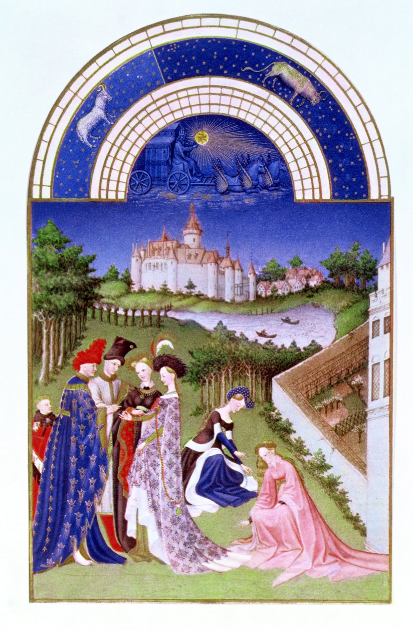 Faksymile z kwietnia: figury dworskie na terenie zamku autorstwa braci Limbourg, z Tres Riches Heures du Duc de Berry (oryginał patrz 8436) autorstwa French School