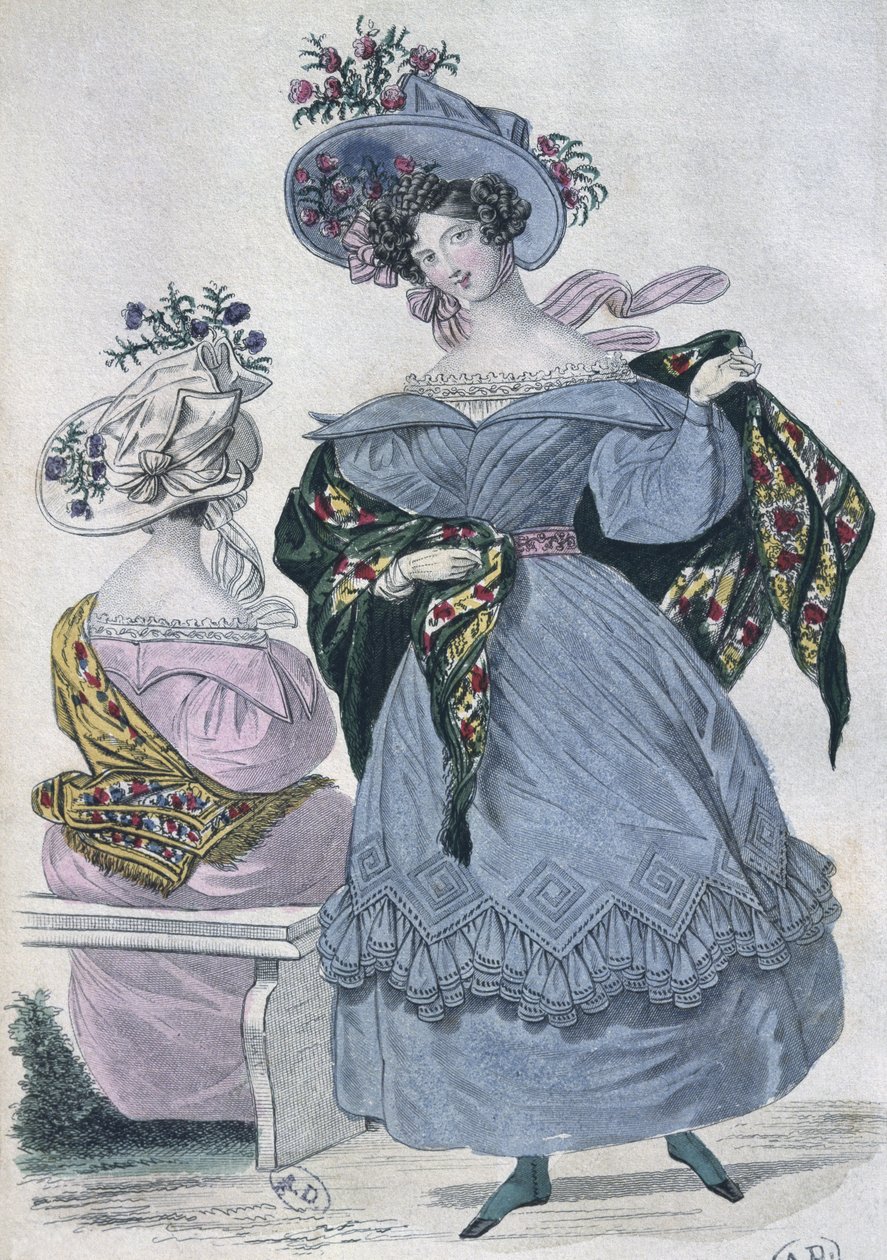 Talerz z modą, Paryż, ilustracja z Le Petit Courrier des Dames, 1830 (kolor grawerowany) autorstwa French School