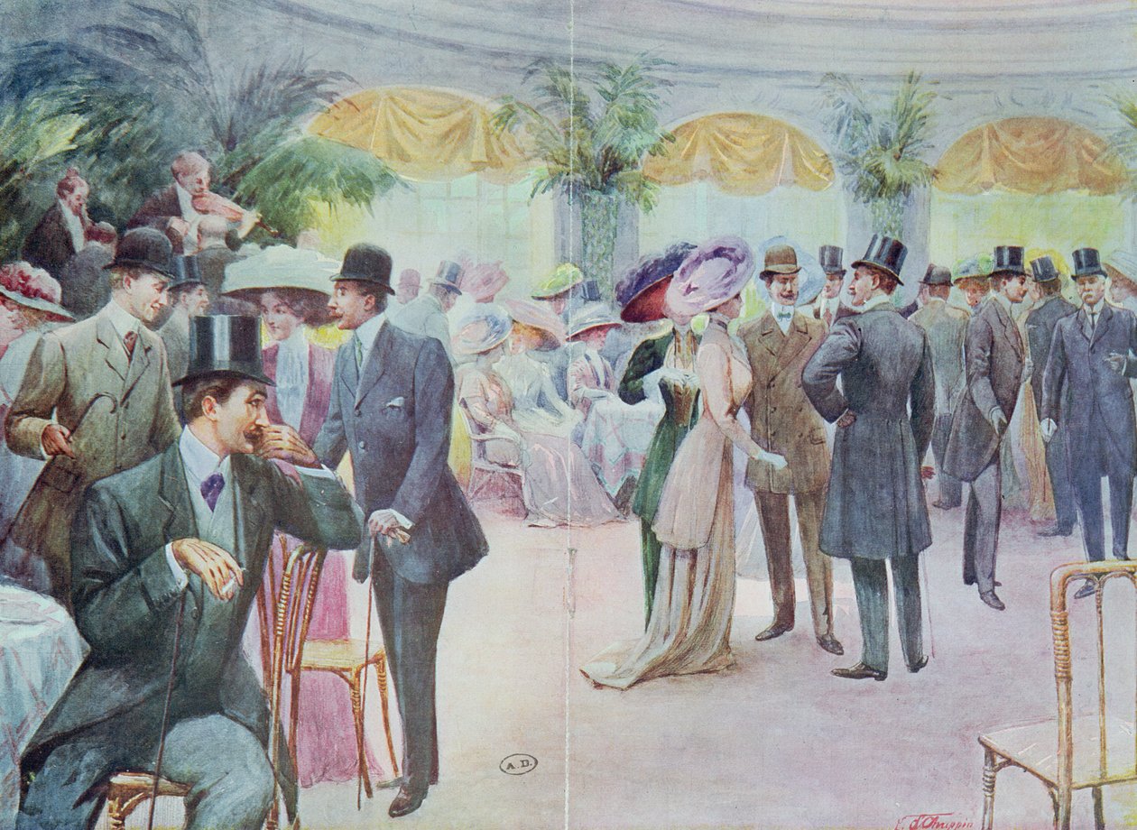 Tabliczka z modą przedstawiająca zgromadzenie Towarzystwa, 1908 autorstwa French School