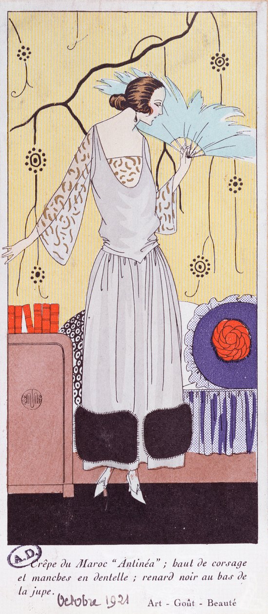 Talerz z modą przedstawiający wachlarz z piór, z Art, Gout, Beaute, 1921, (odbitka w pochoirze) autorstwa French School
