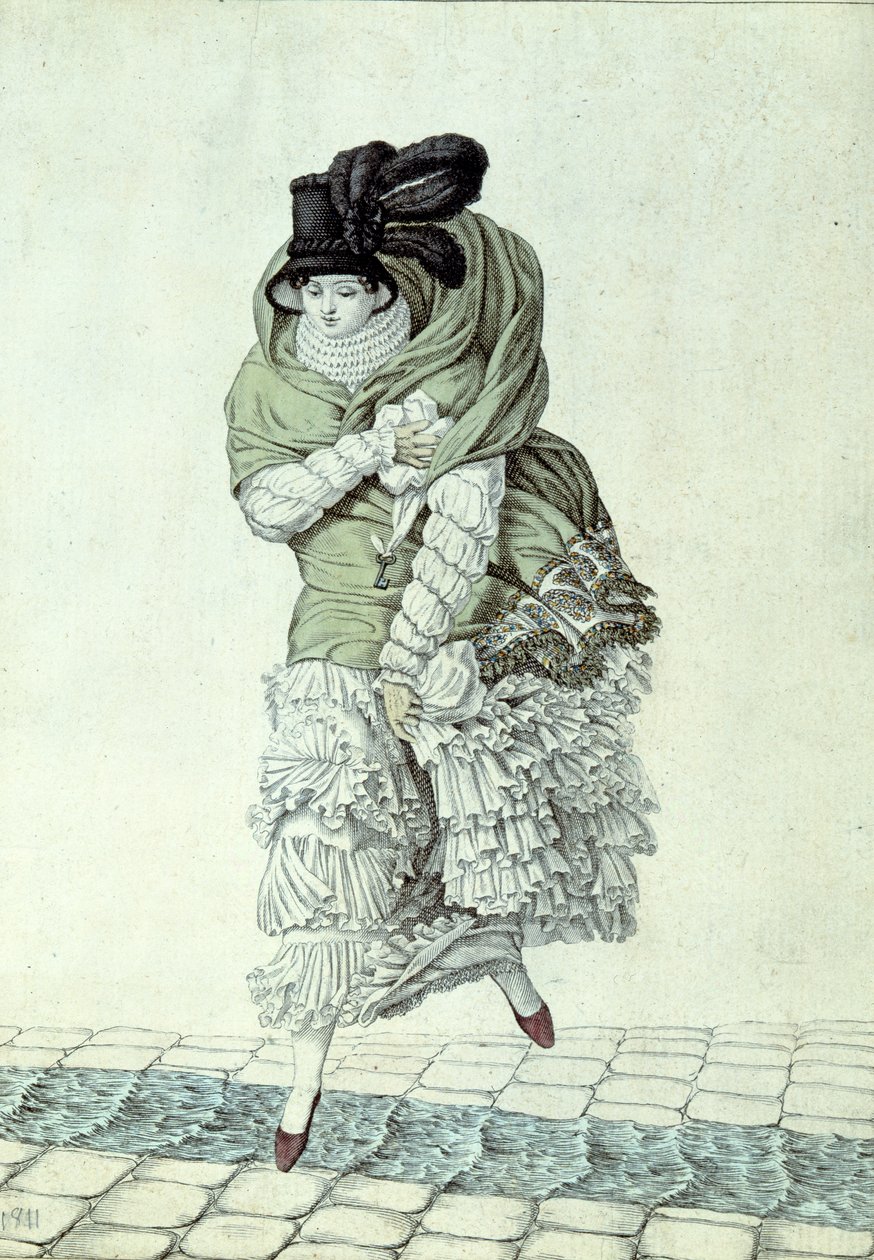 Tabliczka modowa przedstawiająca damę przechodzącą przez strumień ścieków, 1811 (kolorowe grawerowanie) autorstwa French School
