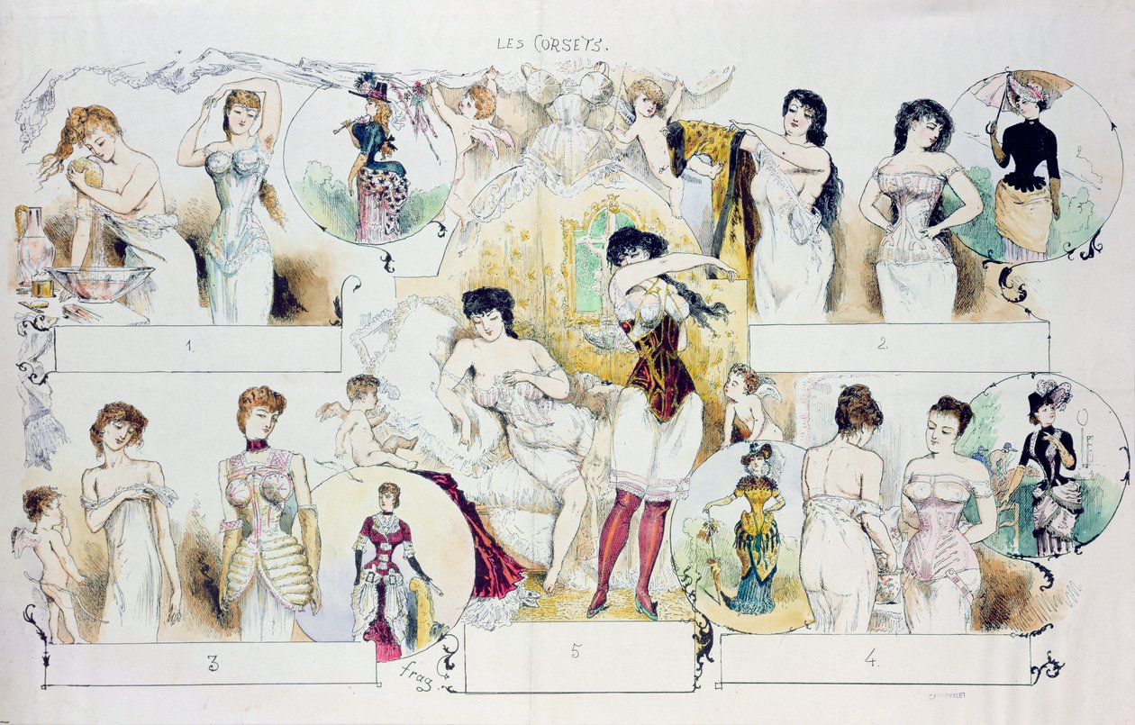 Talerz modowy do La Vie Parisienne przedstawiający gorsety, ok. 1870 (kolorowy grawerunek) autorstwa French School