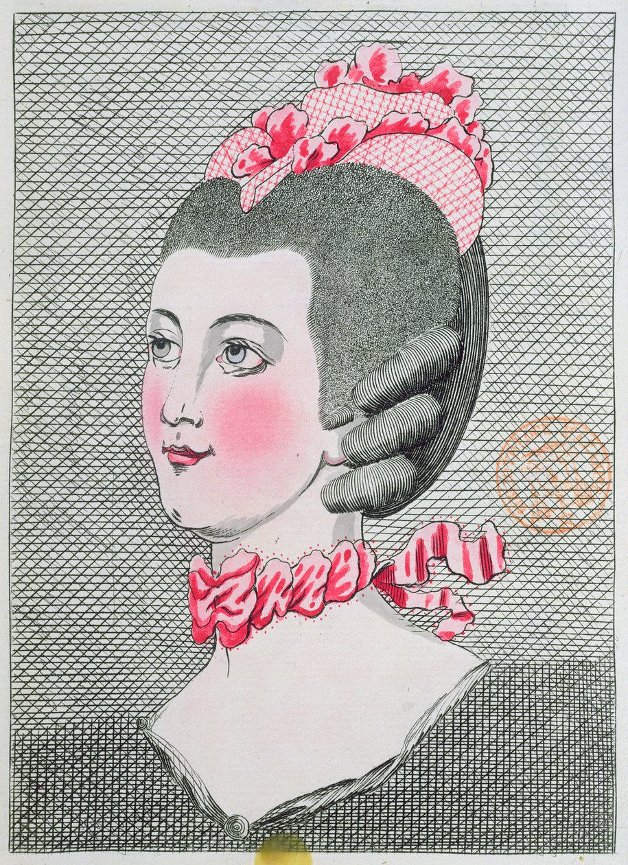 Talerz modowy z LArt de la Coiffure de Dames, autorstwa Sieur Legros, opublikowany w Paryżu 1767 autorstwa French School