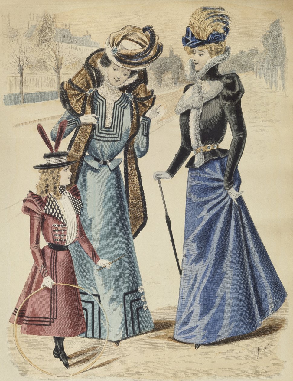 Tabliczka z modą, na bulwarze, ilustracja z La Nouvelle Mode, 1897 (kolor grawerowany) autorstwa French School