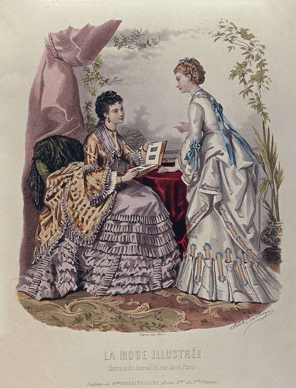 Tabliczka z modą przedstawiająca kobiety w sukienkach zaprojektowane przez Mme Breant-Castel i oglądające albumy ze zdjęciami, 1872 autorstwa French School