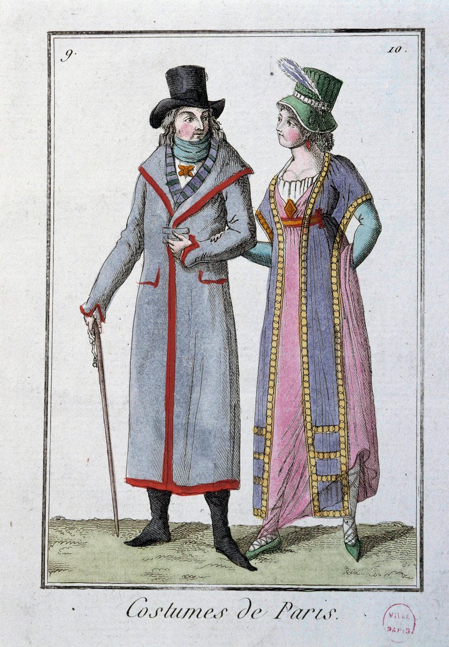 Moda pod dyrekcją: para eleganckich paryżan. Anonimowa litografia z 1795 r. Paryż, muzeum kostiumów autorstwa French School