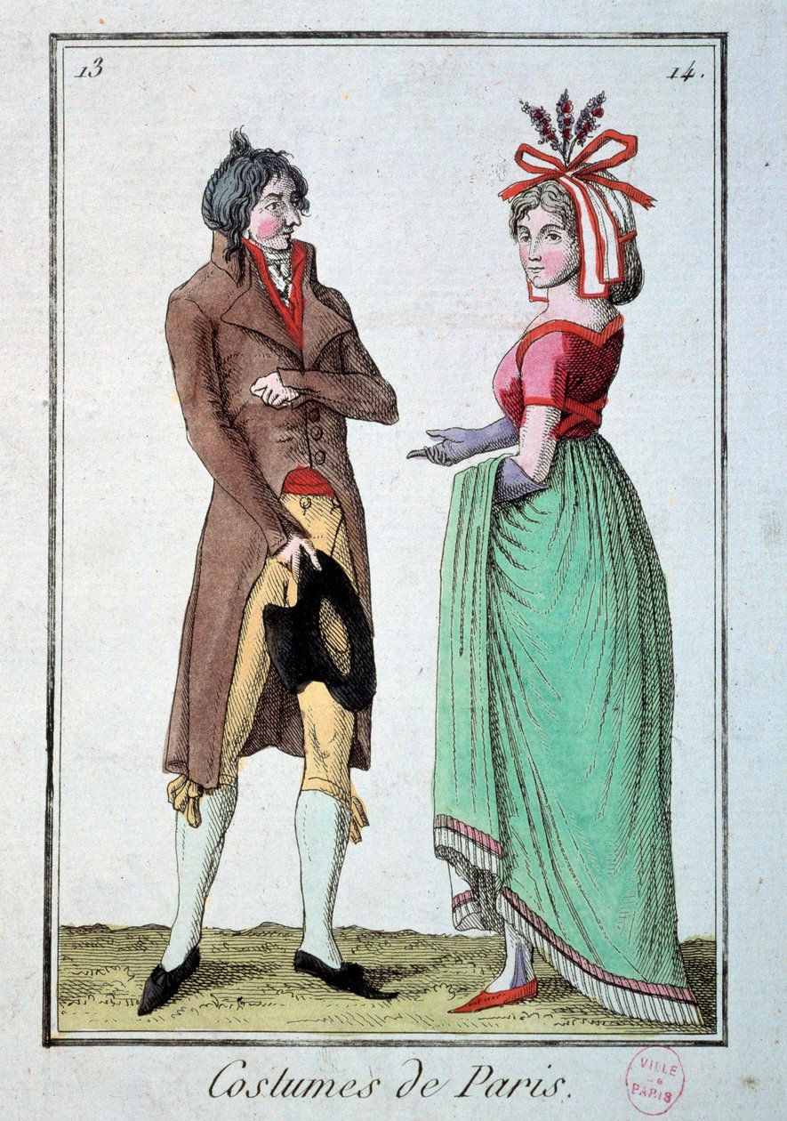 Moda pod katalogiem: para elegancka, kobieta nosi kapelusz u ogrodnika. Rycina z 1795 roku. Paryż, muzeum kostiumów autorstwa French School