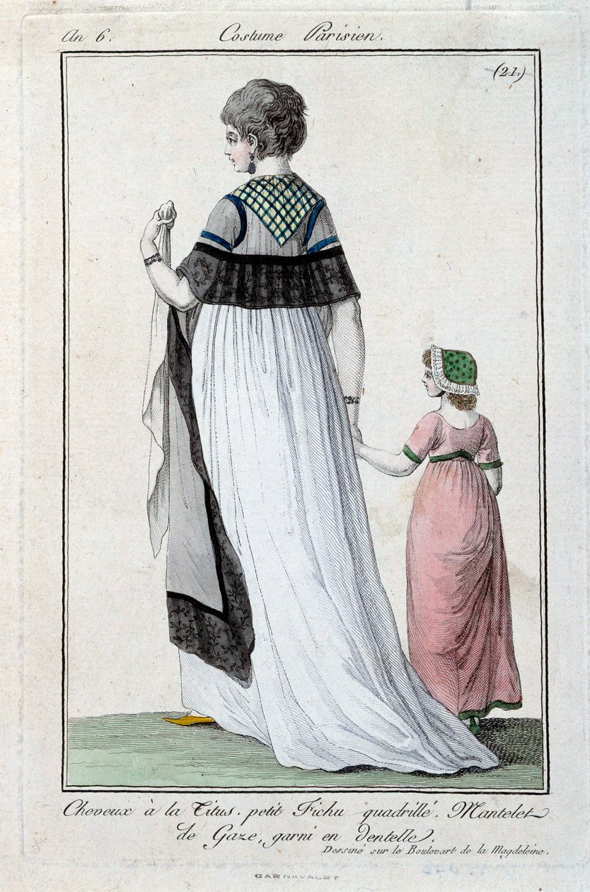 Moda pod zarząd: elegancka młoda paryżanka ubrana w Tytusa, płaszcz z gazy z koronką. 1797. Paryż, muzeum kostiumów autorstwa French School