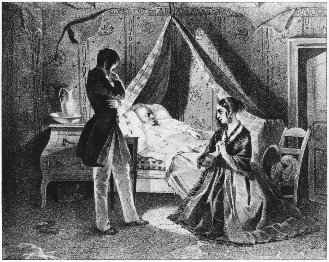 Ojciec Goriot na łożu śmierci, ilustracja z „Le Pere Goriot” Honore de Balzac (1799-1850) autorstwa French School