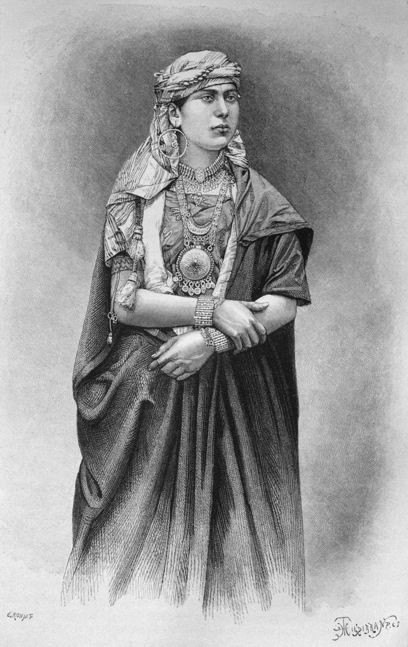 Dziewczyna Fellaheen w ceremonialnej sukience, z dzisiejszej Syrii. Podróżuje po Fenicji, Libanie i Judei. 1875-1880 Louis Charles Emile Lortet, 1884 (bw grawerowanie) autorstwa French School