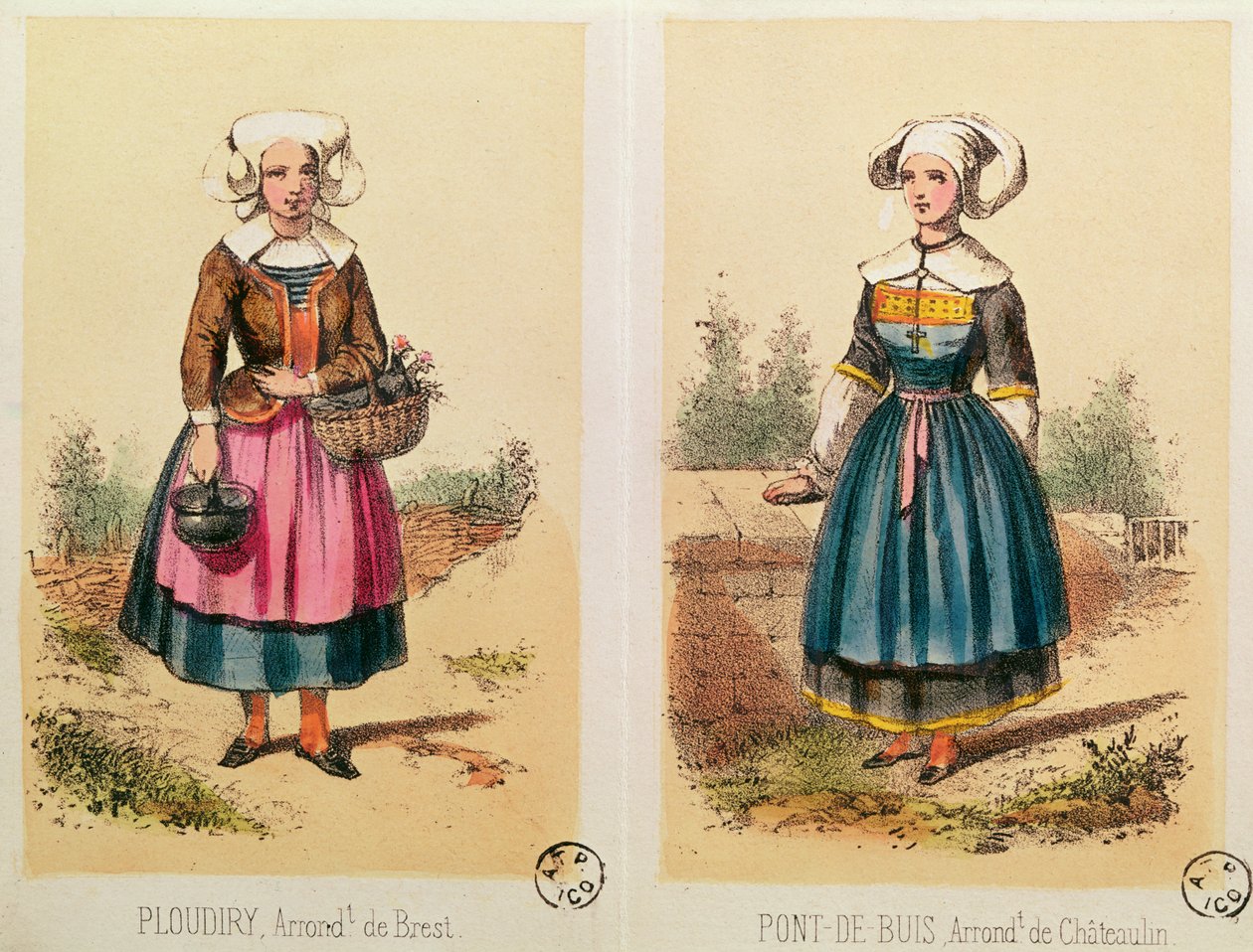 Stroje kobiece z Ploudiry i Pont de Buis, z Les Costumes Bretons de Sorrieu autorstwa French School