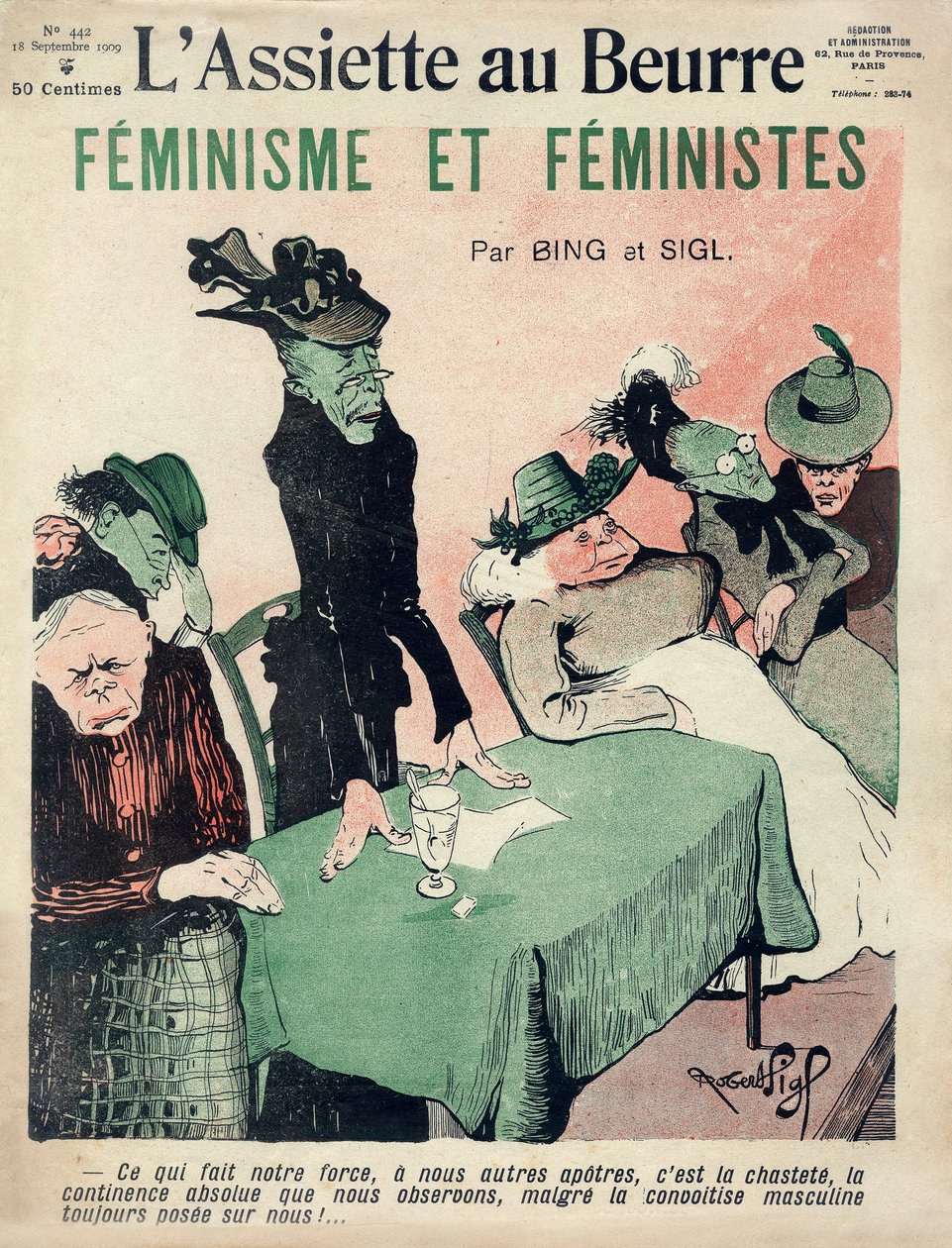Feministyczna kreskówka, okładka francuskiego magazynu satyrycznego „L