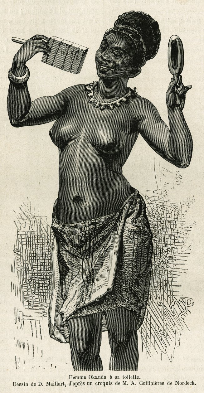 Femme Okanda ma swoją toaletę, rysowaną przez D.Maillarda, ilustrującą historię podróży do Gabonu i rzeki Ogoue, w latach 1875-1877, Alfreda Marche. Grawerowanie w Le tour du monde autorstwa French School