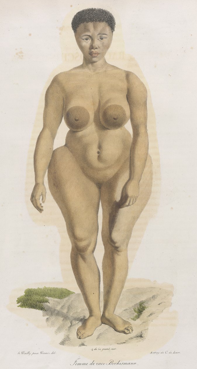 „Femme de race Bochismann”. Ta płyta najwyraźniej jest wizerunkiem Sary (Saartjie) Baartman (1789-1815), Khoisan, która została sprowadzona z Południowej Afryki, aby wystawić ją na publiczny pokaz na Piccadilly pod tytułem „Hottentot Wenus” z powodu tego,  autorstwa French School