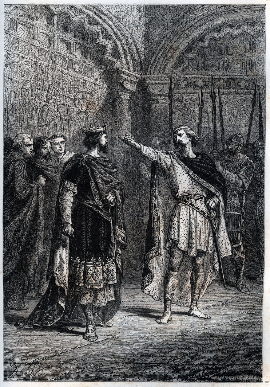 Reżim feodalny: „Kto uczynił cię królem? „” : Audebert (Adalbert), hrabia Perigord (968-995), zuchwale odpowiada królowi Hugues Capet (938-996), który zapytał go, kto go zmusił do liczenia - Grawerowana opona „Histoire de France” Guizota autorstwa French School