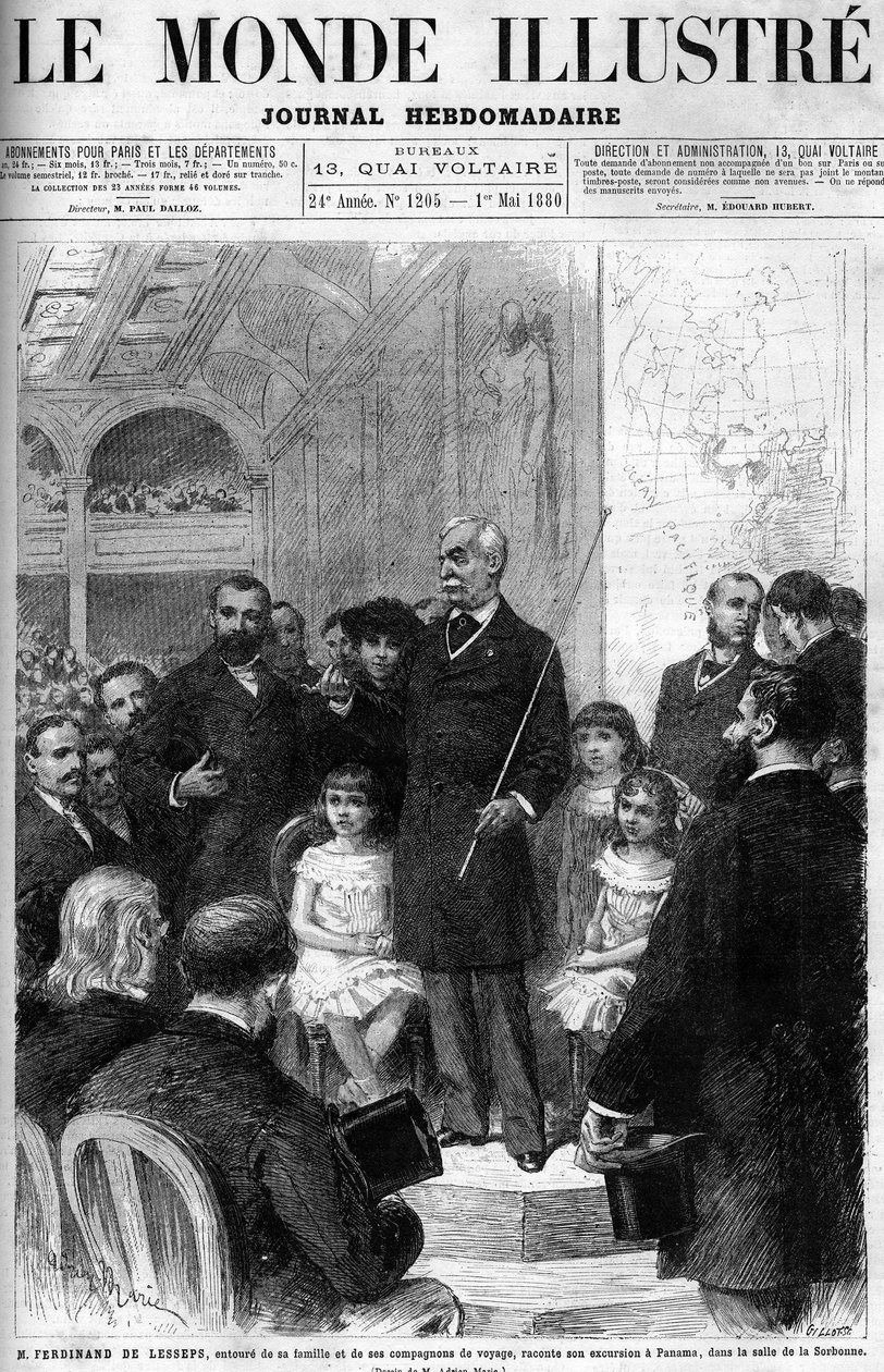 Ferdinand de Lesseps jest otoczony rodziną i towarzyszami podróży, opowiadając swoją podróż do Panamy w Salle de la Sorbonne. Okładka „Prześwietnego świata” z 1880 roku. autorstwa French School