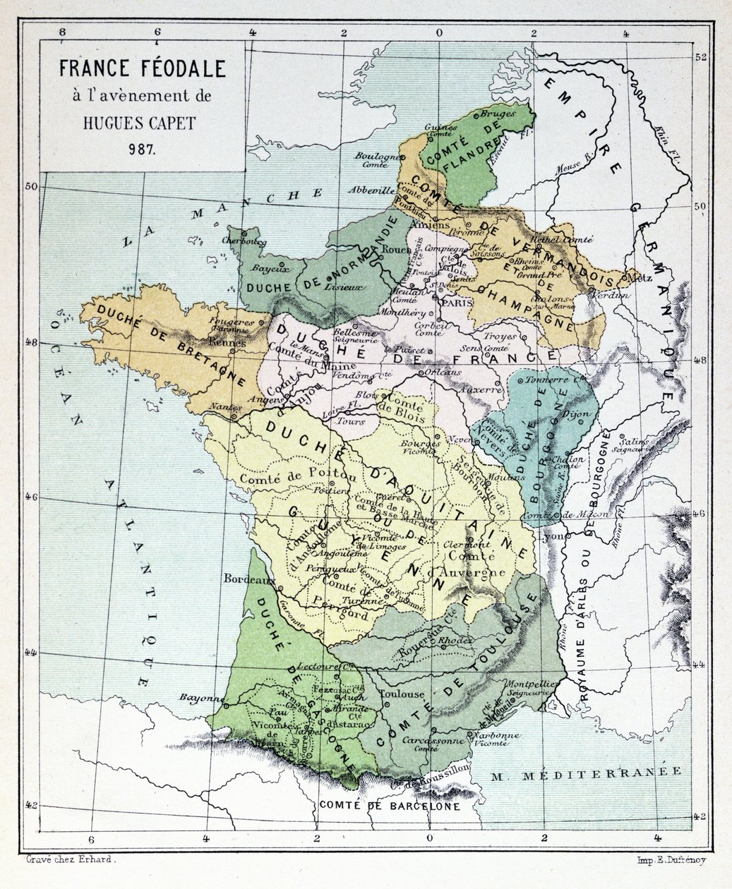 Francja feudalna w czasie wstąpienia Hugues Capet w 987, mapa ilustrowana w Histoire de France c.1880 autorstwa French School