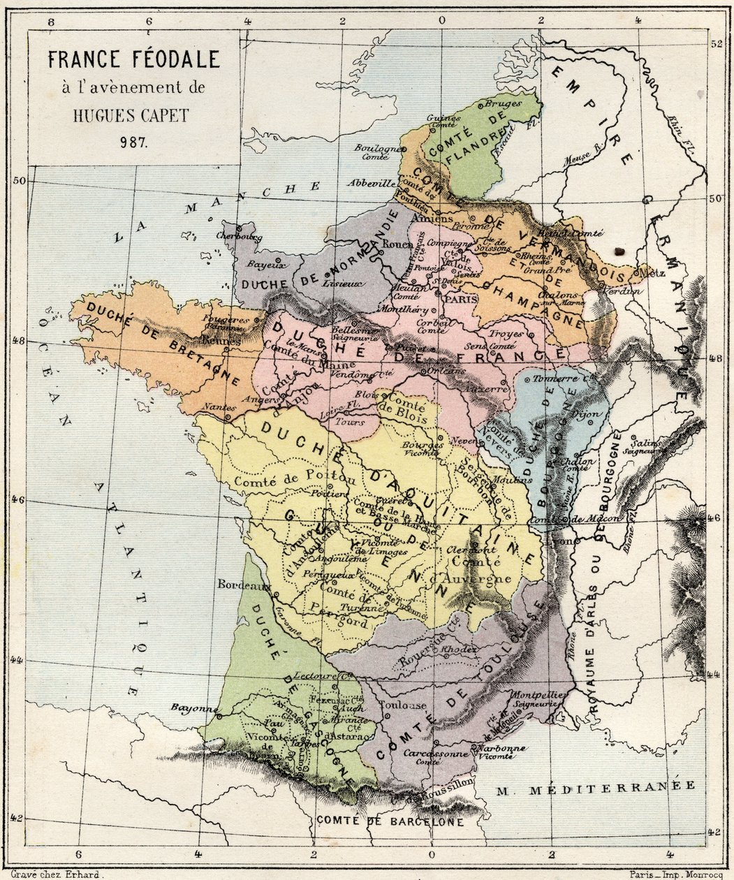 Feudalizm - Francja Feudalizm w czasie nadejścia Hugues Capet - 987 - grawer z „Historia Francji opowiedziana moim wnukom” - Francois Guizot - 1872-1876 autorstwa French School