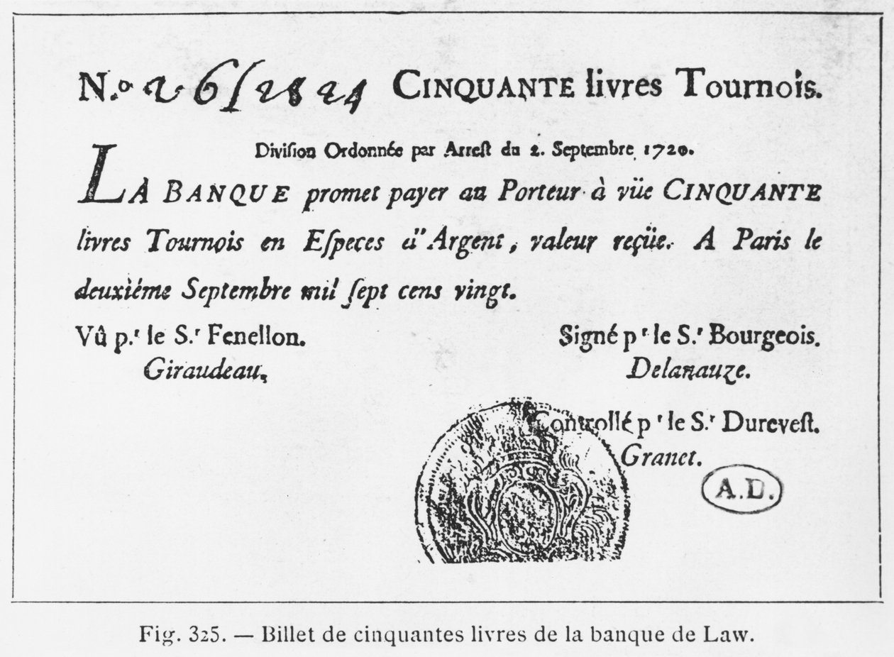 Pięćdziesięciofuntowy francuski banknot z Law Bank z dnia 2 września 1720 r autorstwa French School