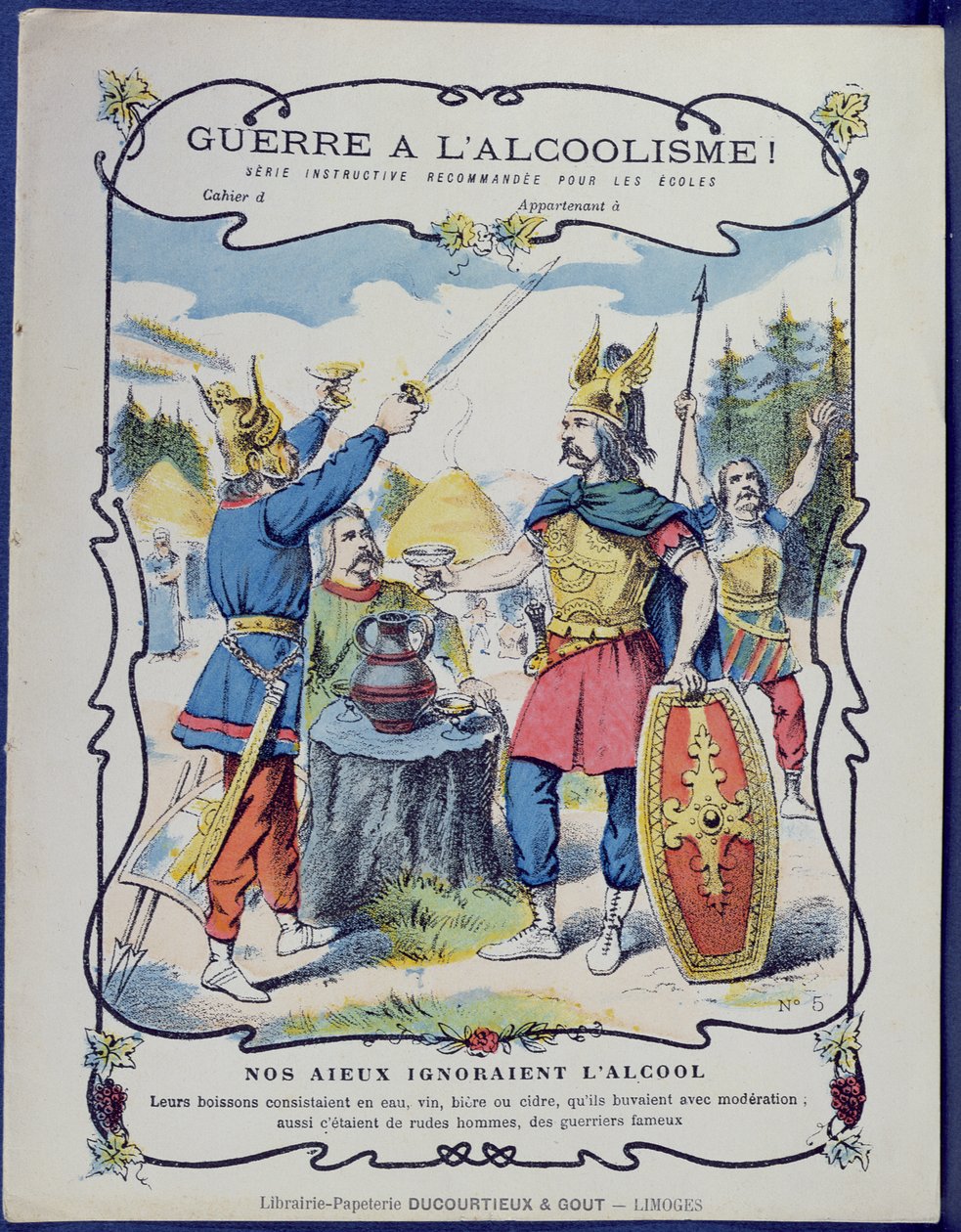 Walka z alkoholizmem!, ilustracja galijskich wojowników z rękawa ochronnego do podręczników szkolnych, koniec XIX wieku autorstwa French School