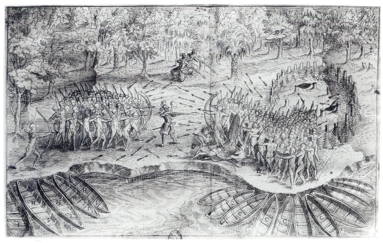Walka z Huronami, z "Voyage de Champlain in 1624" Samuela de Champlaina (1567-1635) autorstwa French School