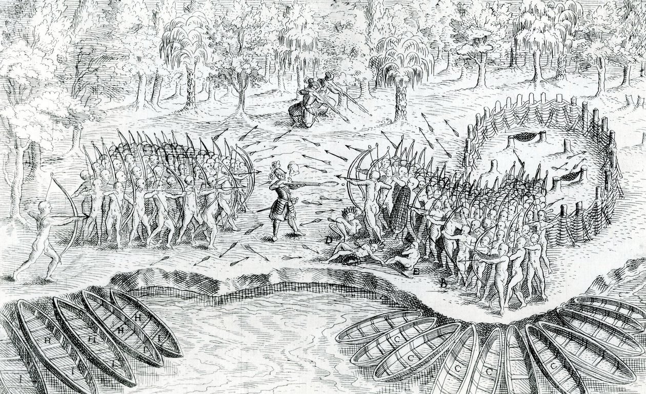 Walka z Huronami, z Voyage de Champlain w 1624 Samuel de Champlain, 1567-1635 autorstwa French School