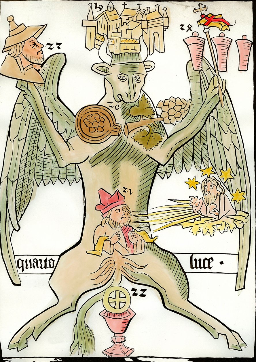 Figura symbolizująca ewangelistę św. Łukasza: byk kojarzy się z miastem Jerycho (lub Jerozolimą), kiść winogron, prorok, Chrystus Sądu Ostatecznego pojawia się z gwiazdami i promieniami słońca, portret Żyda, kielich . Grawerowanie z „Ars autorstwa French School