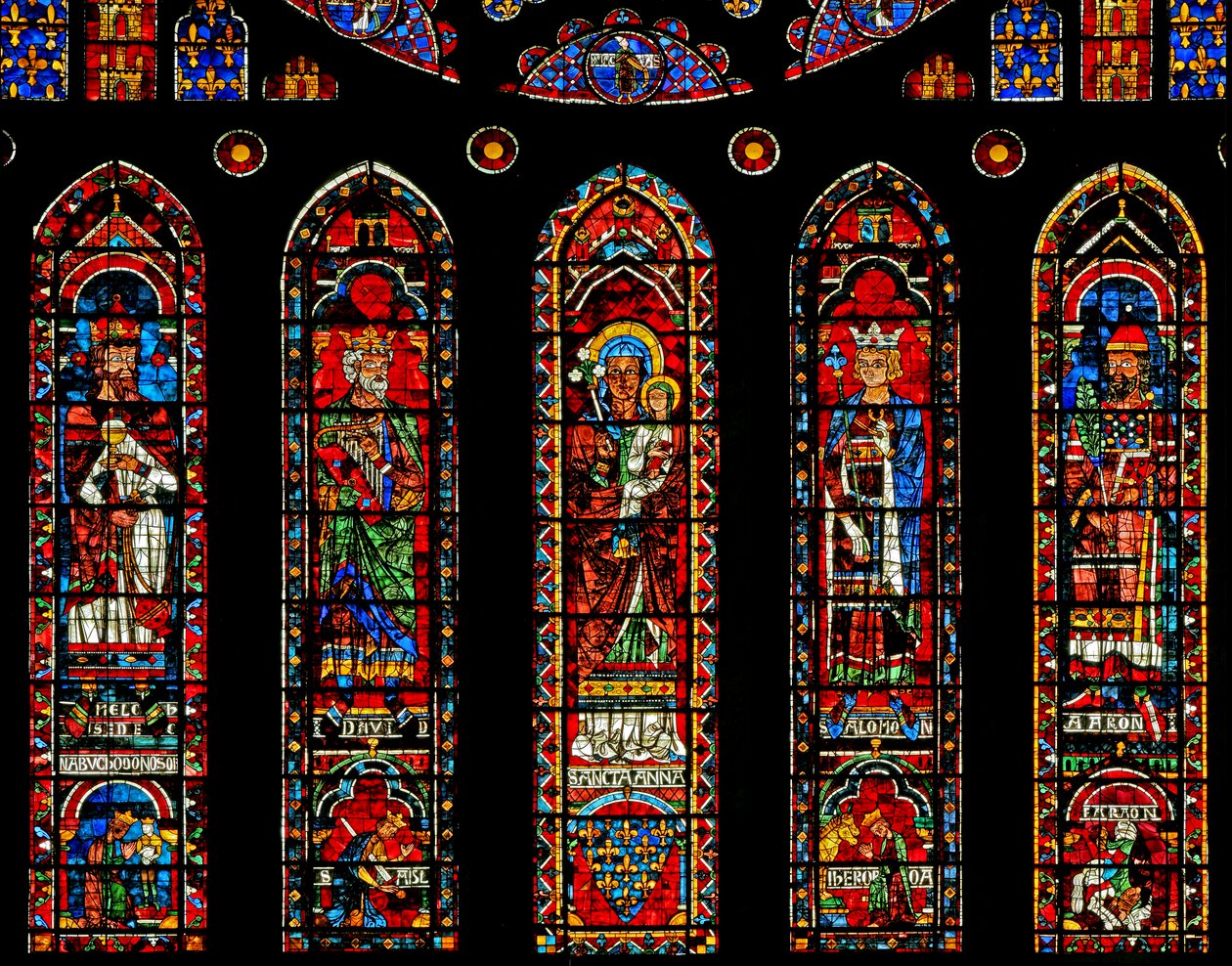 Postacie pod rozetą północną: Melchizedek, Dawid, św. Anna, Salomon, Aaron i sceny (w121) autorstwa French School