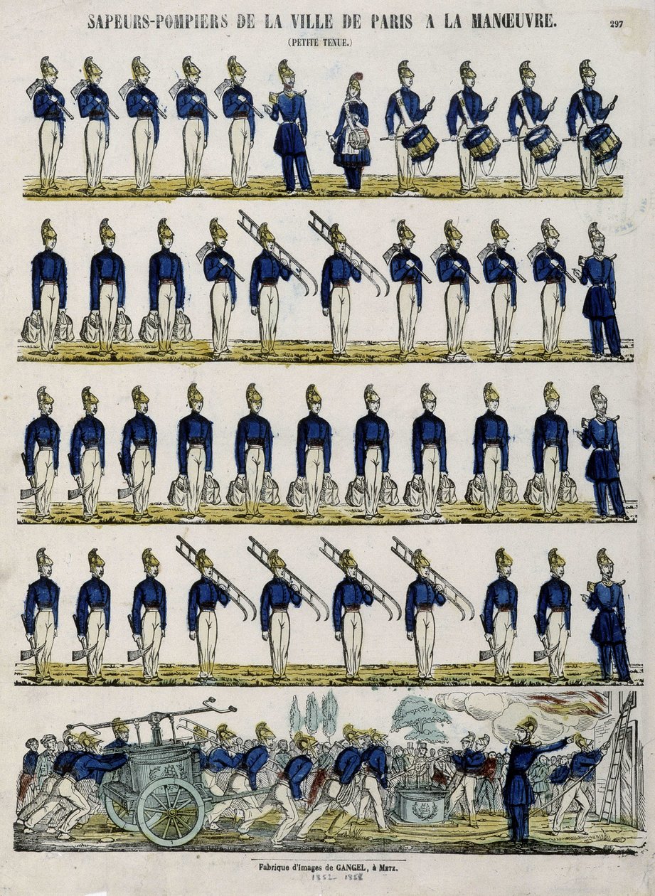 Manewr straży pożarnej miasta Paryża - Obraz Epinal, ok. 1852 r. autorstwa French School