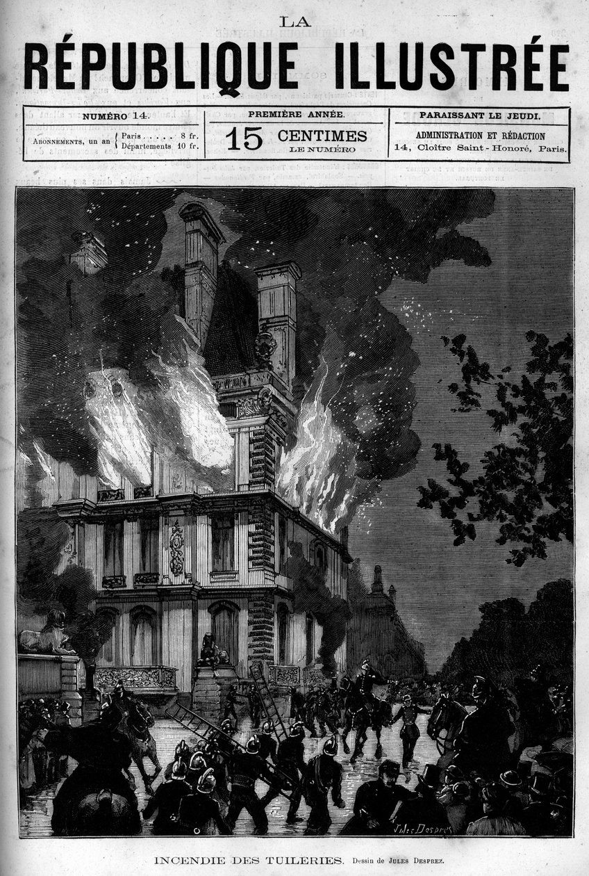 Pożar pawilonu Flore w Tuileries w Paryżu. Gazeta. Rycina z 1880 r. w prywatnej kolekcji „La republique illustree”. autorstwa French School