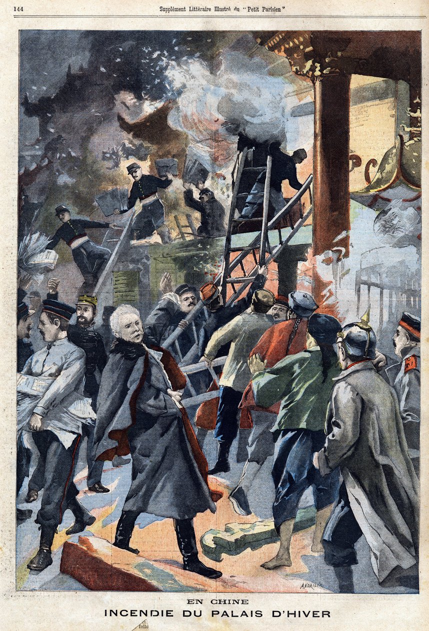 Pożar Pałacu Zimowego w Pekinie, Chiny, w „Le Petit Parisien”” 05.05.1901 (rycina) autorstwa French School