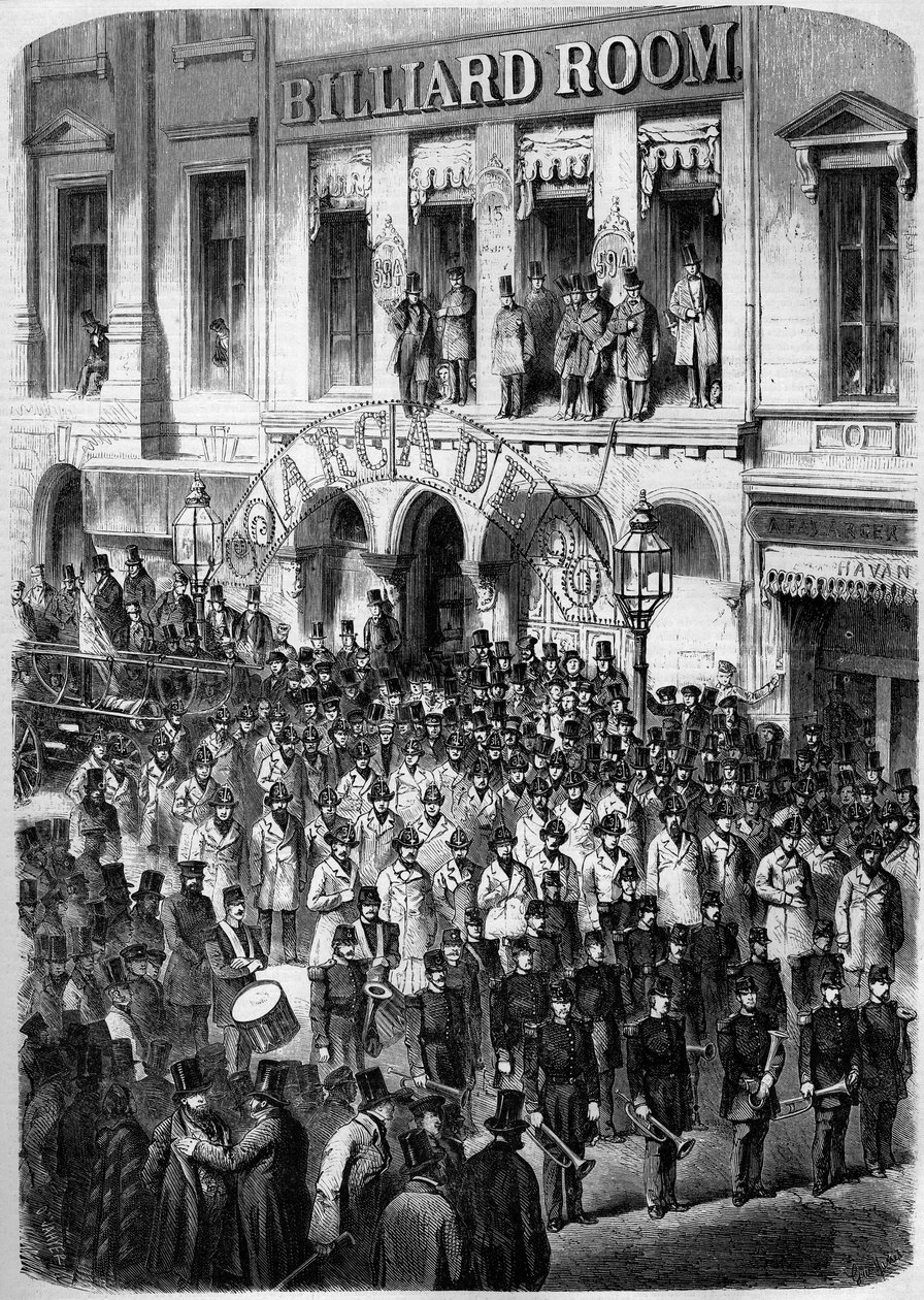 Strażacy w Nowym Jorku (Nowy Jork) przygotowują się do wyjazdu do Waszyngtonu, aby pogratulować nowemu prezydentowi Unii (James Buchanan autorstwa French School