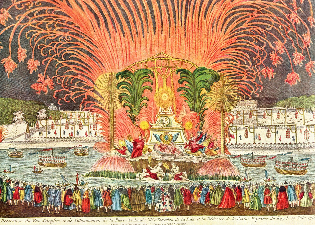 Pokaz sztucznych ogni na Placu Ludwika XV z okazji poświęcenia posągu króla na koniu, 20 czerwca 1763 (patrz także 159166) autorstwa French School