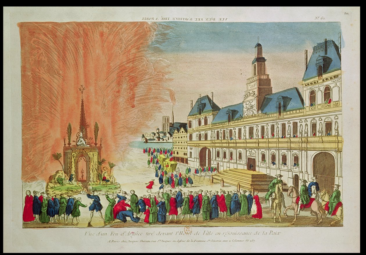 په پاریس کې د هوټل دیویل مخې ته اور لګوي چې د 1783 پولی د ورسیلیس د سولې لمانځنه کوي autorstwa French School