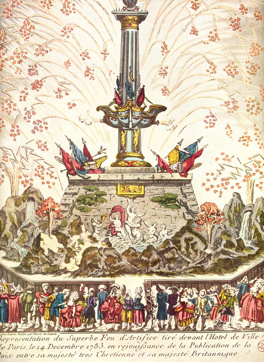Fajerwerki przed hotelem de Ville w Paryżu świętujące pokój wersalski, 14 grudnia 1783 r. autorstwa French School
