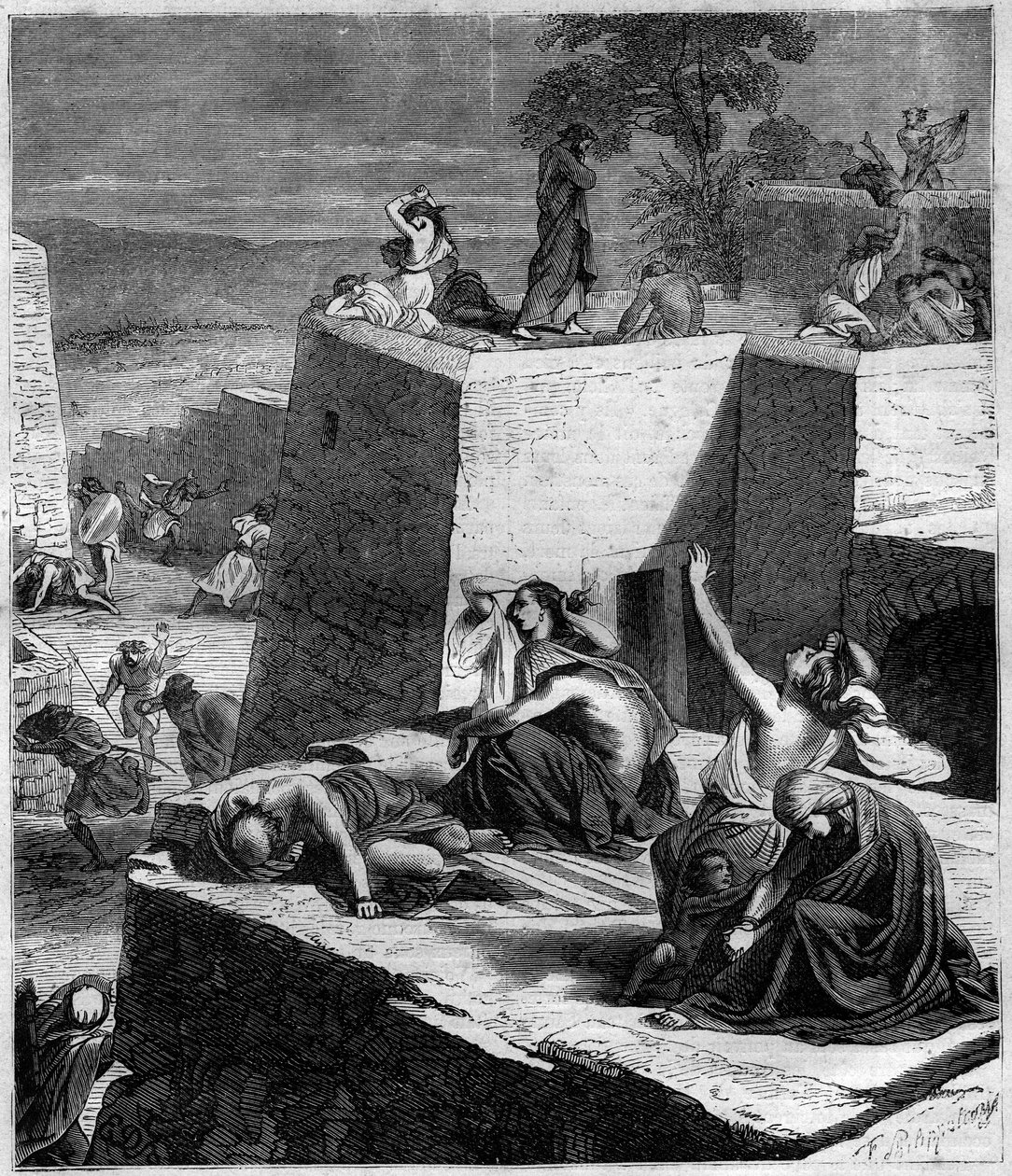Pierwsza krucjata (1096-1099): krucjaty niemieckie miażdżą Węgrów i podpalają miasta. Grawer w „Histoire des Papes-Rois-Queen and Empereurs a travers les Century” Maurice Lachatre autorstwa French School