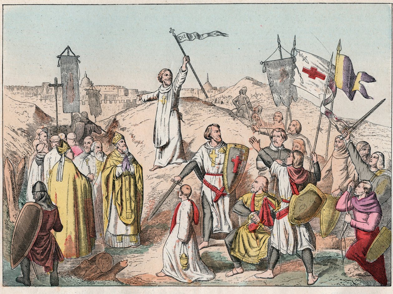 Pierwsza krucjata: oblężenie i zdobycie Jerozolimy przez krucjaty prowadzone przez Godefroya (Godefroi) de Bouillon (1058-1100) w 1099 r. - Godfrey de Bouillon podczas oblężenia Jerozolimy - Rycina z końca XIX wieku w „” Nos Gires Nationales - Obrazy e autorstwa French School