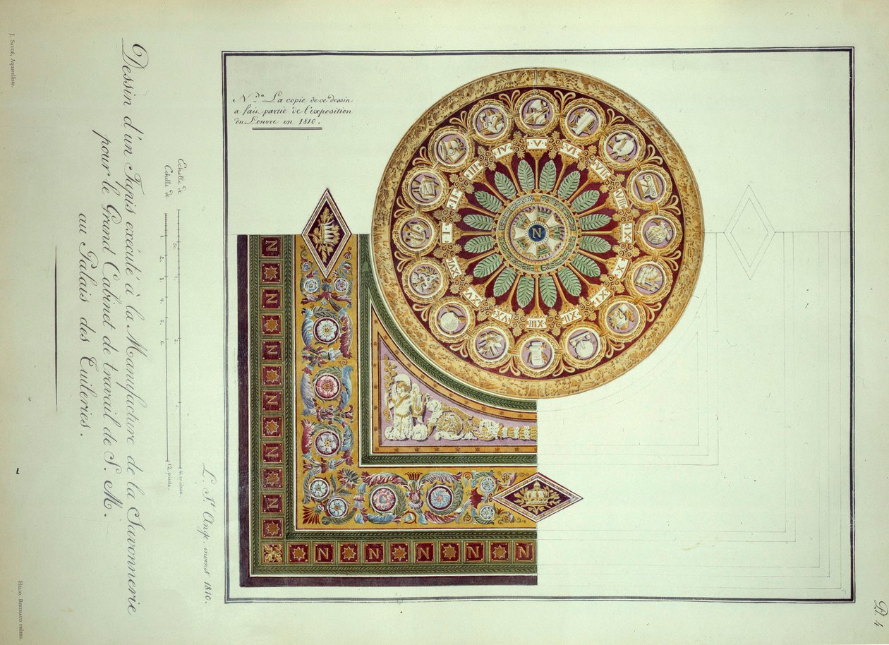 Pierwsze Cesarstwo: projekt dywanu wykonany w Manufacture de la Savonnerie dla Gabinetu Pracy Cesarza Napoleona I (1769-1821) w Palais des Tuileries w Paryżu autorstwa French School