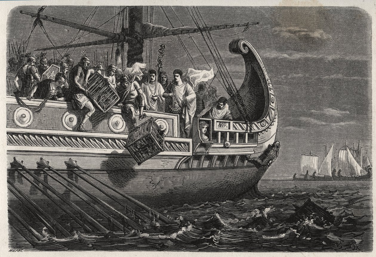 Pierwsza wojna punicka - Publius Claudius Appius Pulcher (zmarł ok. 240 rpne) przed bitwą pod Drepanum (249 rpne) wyrzuca święte kurczaki do morza - Pierwsza wojna punicka - Bitwa pod Drepaną - Publius Claudius Appius Pulcher przed bitwą pod Drepanum thro autorstwa French School