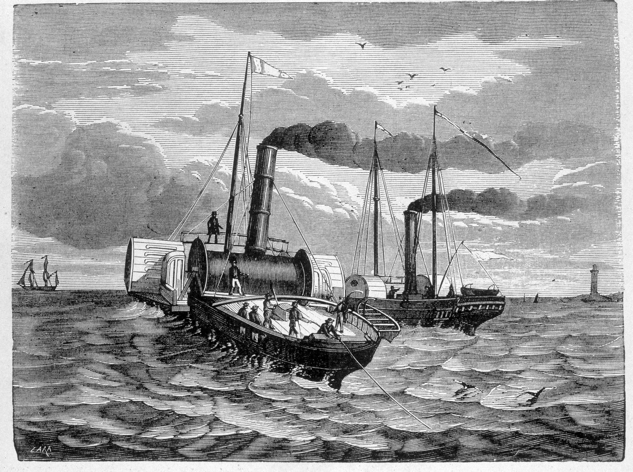 Pierwsza próba instalacji przewodnika elektrycznego z Dover do Calais (1851) - w „Albumie nauki”; wybitni naukowcy; Wielkie odkrycia”” 1896. autorstwa French School