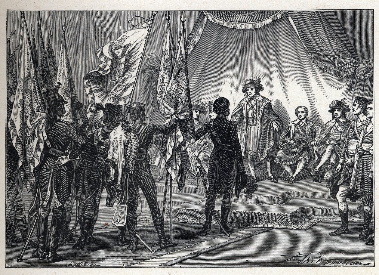 Pierwsza koalicja: Joachim Murat (1767-1815) przekazuje Zarządowi flagi zdobyte przez armię francuską pod dowództwem Napoleona Bonaparte podczas kampanii włoskiej. Rycina z 1889 r. Ze zbiorów prywatnych. autorstwa French School