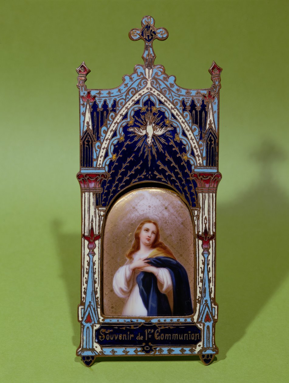 Pamiątka komunijna przedstawiająca Matkę Boską i Ducha Świętego (porcelana malowana i emalia) autorstwa French School