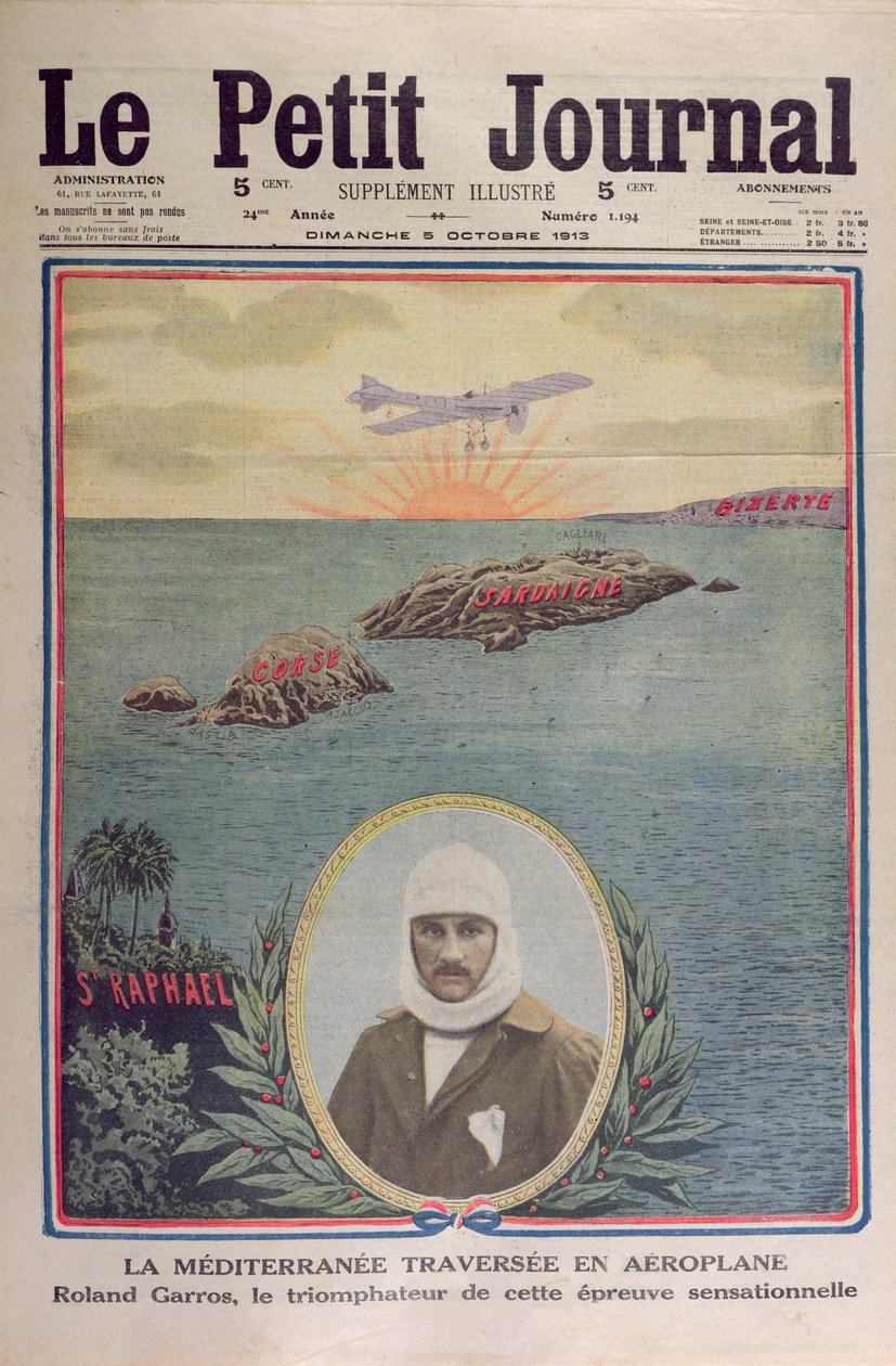 Pierwsze przekroczenie Morza Śródziemnego 23 września 1913 przez Roland Garros (1888-1918), ilustracja na okładce le Petit Journal 5 października 1913 autorstwa French School