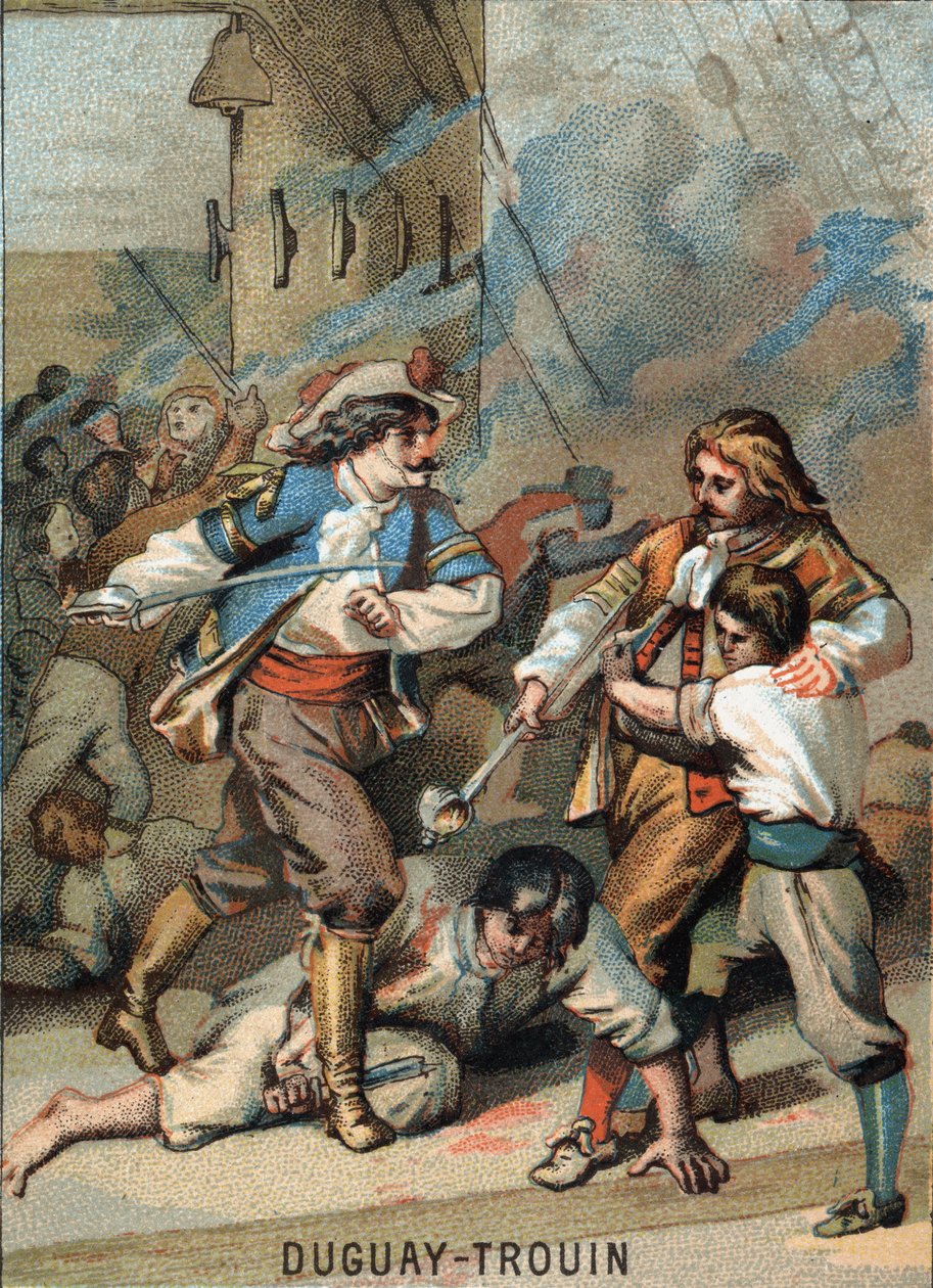 Pierwszy wyczyn Rene Duguay Trouina (Duguay-Trouin) (Rene Trouin du Gue dit) (1673-1736), francuskiego marynarza: Duguay - kombatant Trouin Wassenaer (1695). Chromolitografia z cyklu „Wychowanie patriotyczne przez obraz”. autorstwa French School