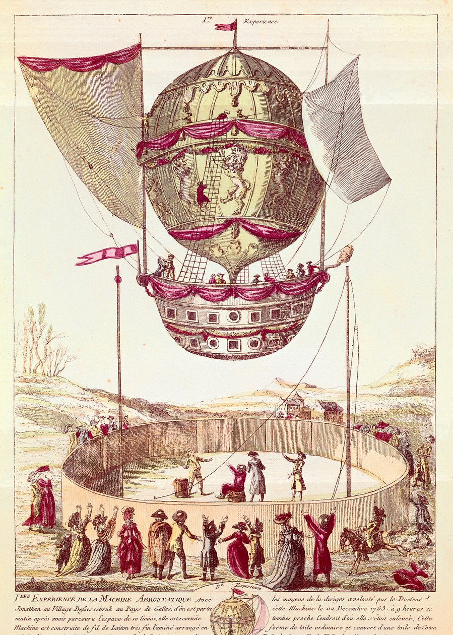 Pierwszy lot balonu na ogrzane powietrze, 22 grudnia 1783 r. w Defsessebruk (Walia) (litografia) autorstwa French School