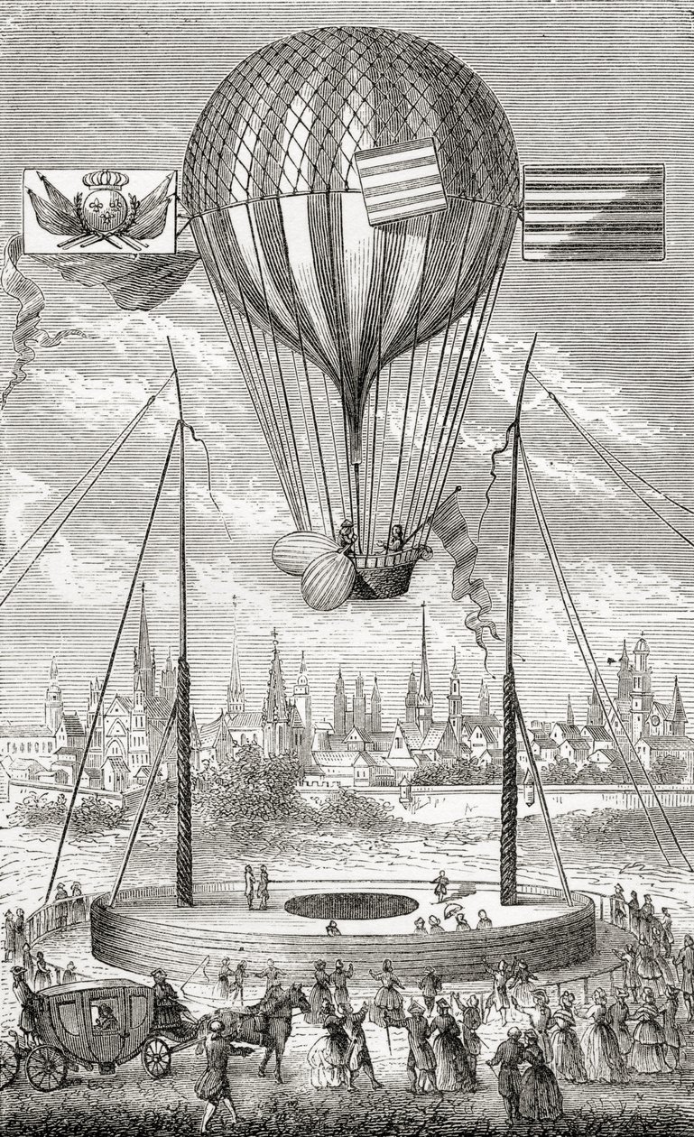 Pierwszy lot sterowcem, z Dijon, 12 czerwca 1784, z książki „Wonderful Balloon Ascents or the Conquest of the Skies”, autorstwa Fulgence Marion, wydanej ok. 1870 r. autorstwa French School