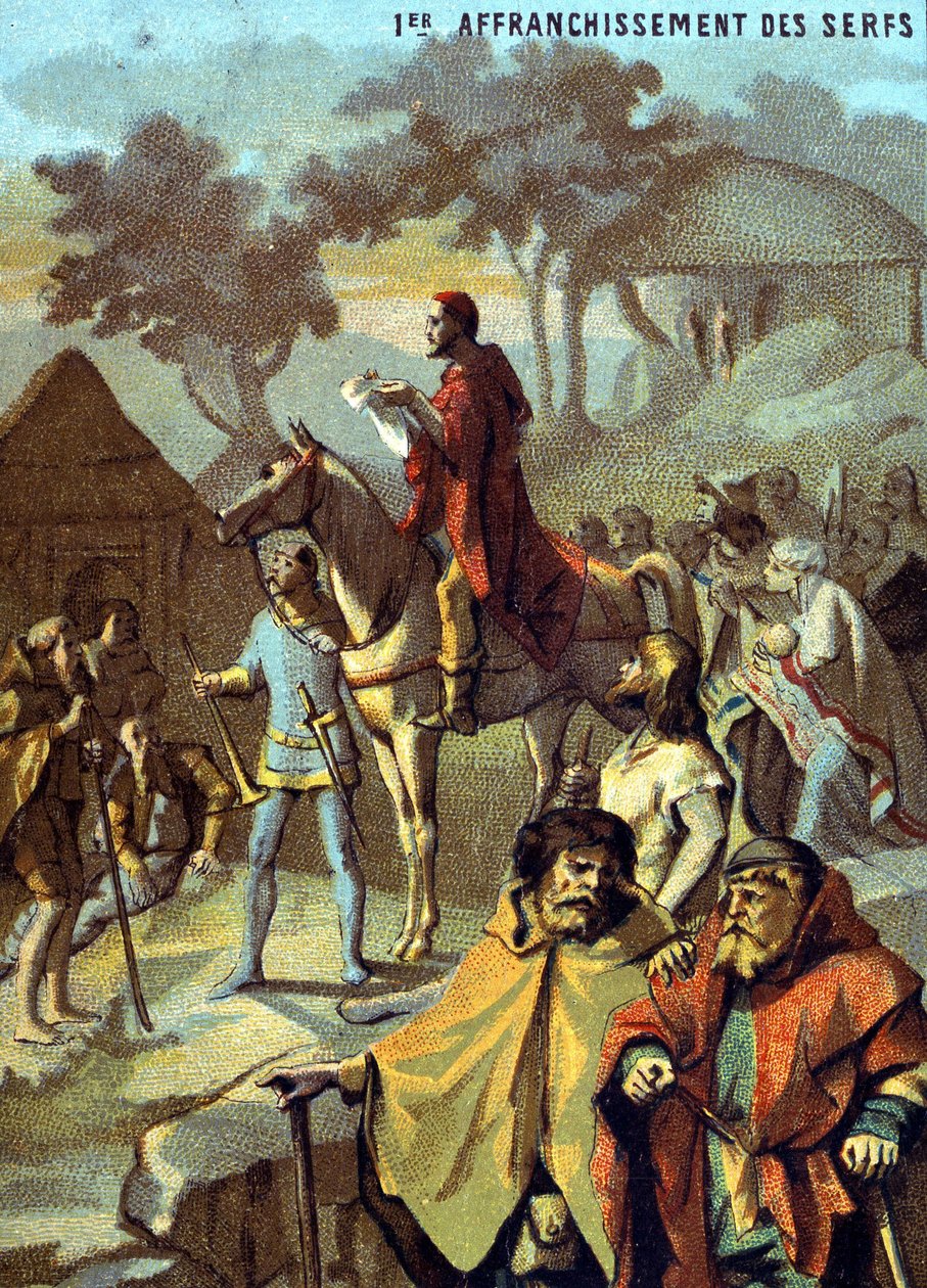 Pierwsze wyzwolenie poddanych (1315) Ludwika X. Chromolitografia z serii „Nauczanie patriotyczne przez obraz”. autorstwa French School