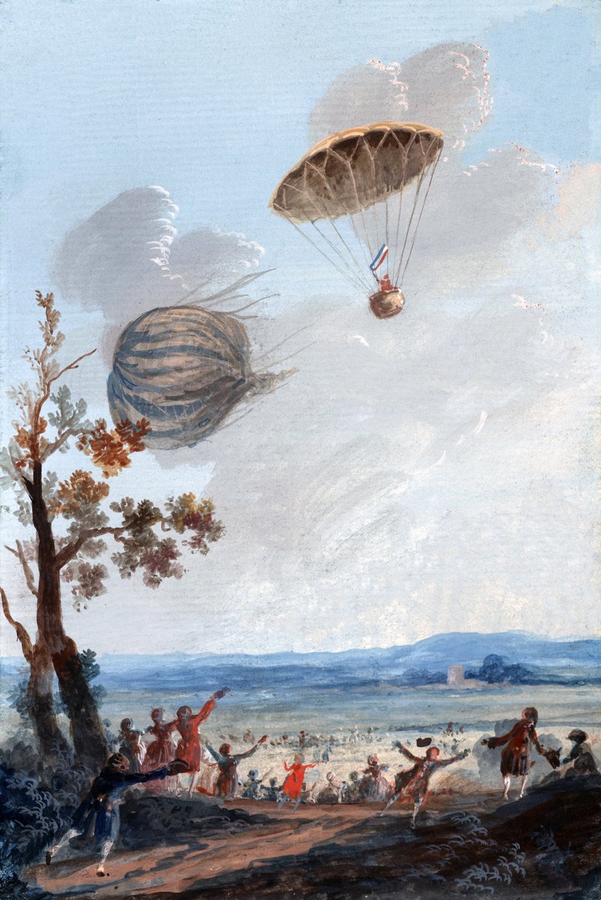 Pierwszy człowiek, który zszedł na spadochronie, 22 października 1797, w Parc Monceau, Paryż, ok. 1797 autorstwa French School